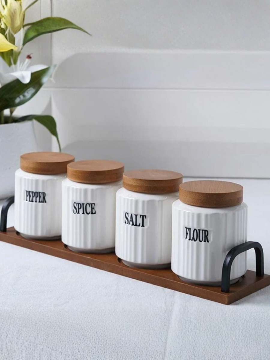 Ceramic Canister Set with Bamboo Lids & Rack (4-Piece)