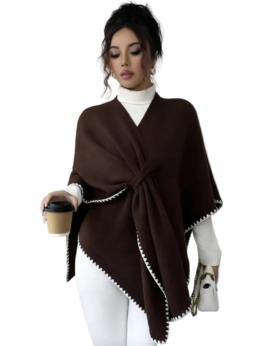 Contrast Trim Wrap Poncho