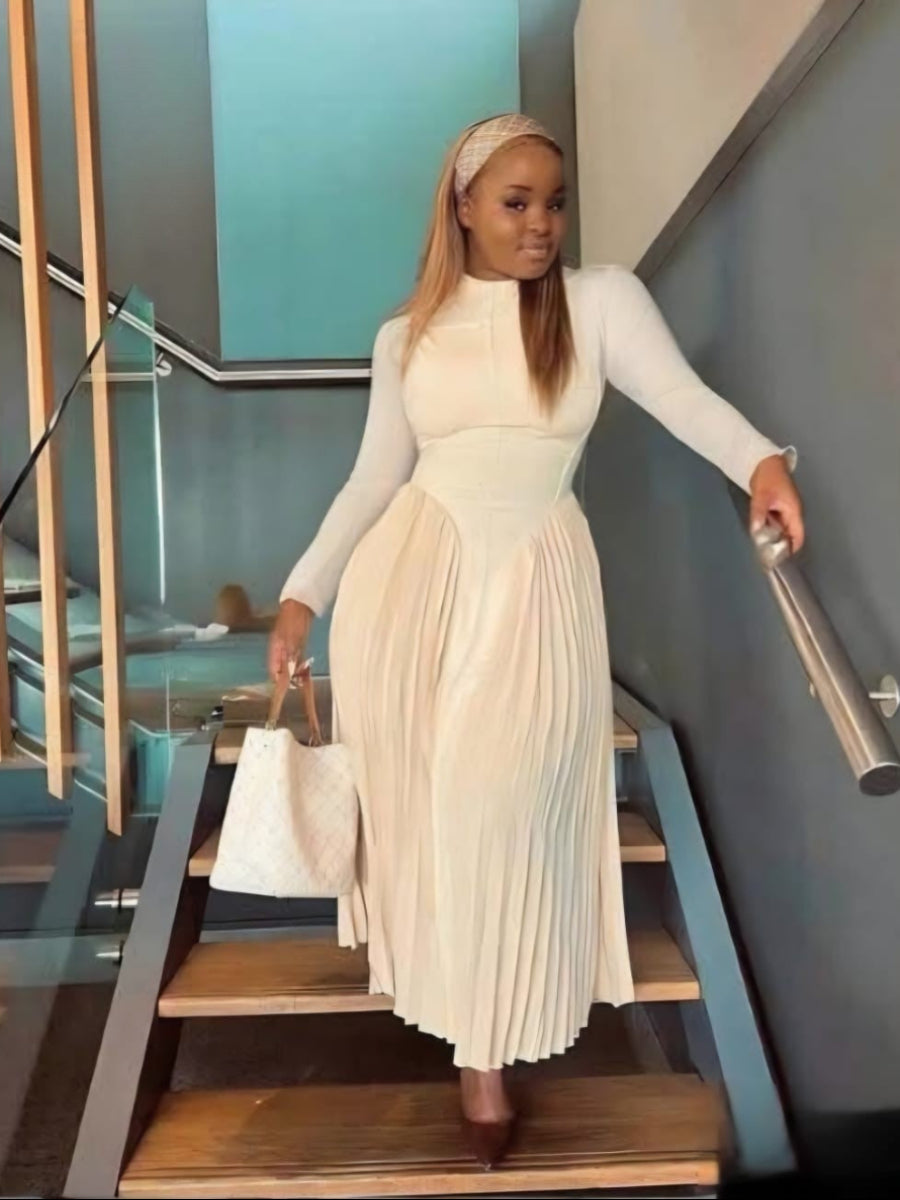 Cream Pleated Midi Dress