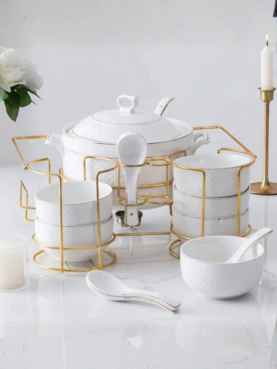 Marble Ceramic Cup & Saucer Set with Gold Stand