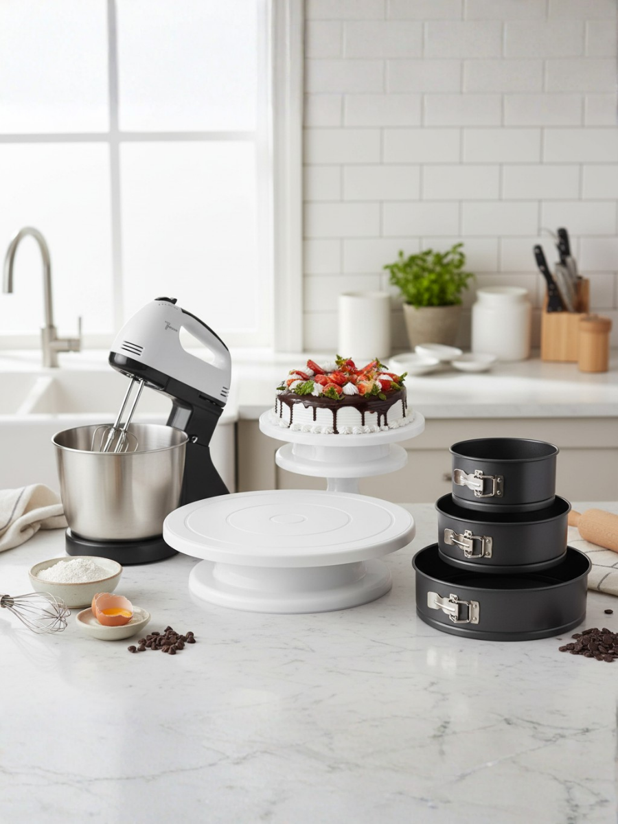 3pcs Baking Combo Set – Non-Stick Cake Moulds, Electric Stand Mixer & 28CM Cake Stand