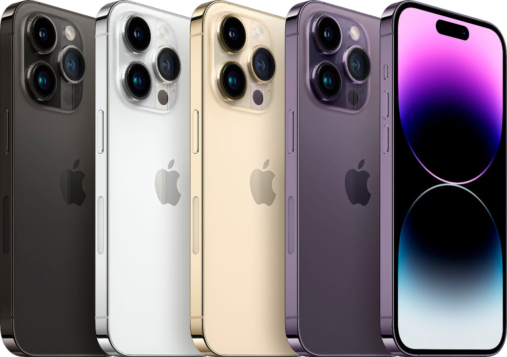 Apple iPhone 14 Pro Max in Space Black, Silver, Gold, and Deep Purple