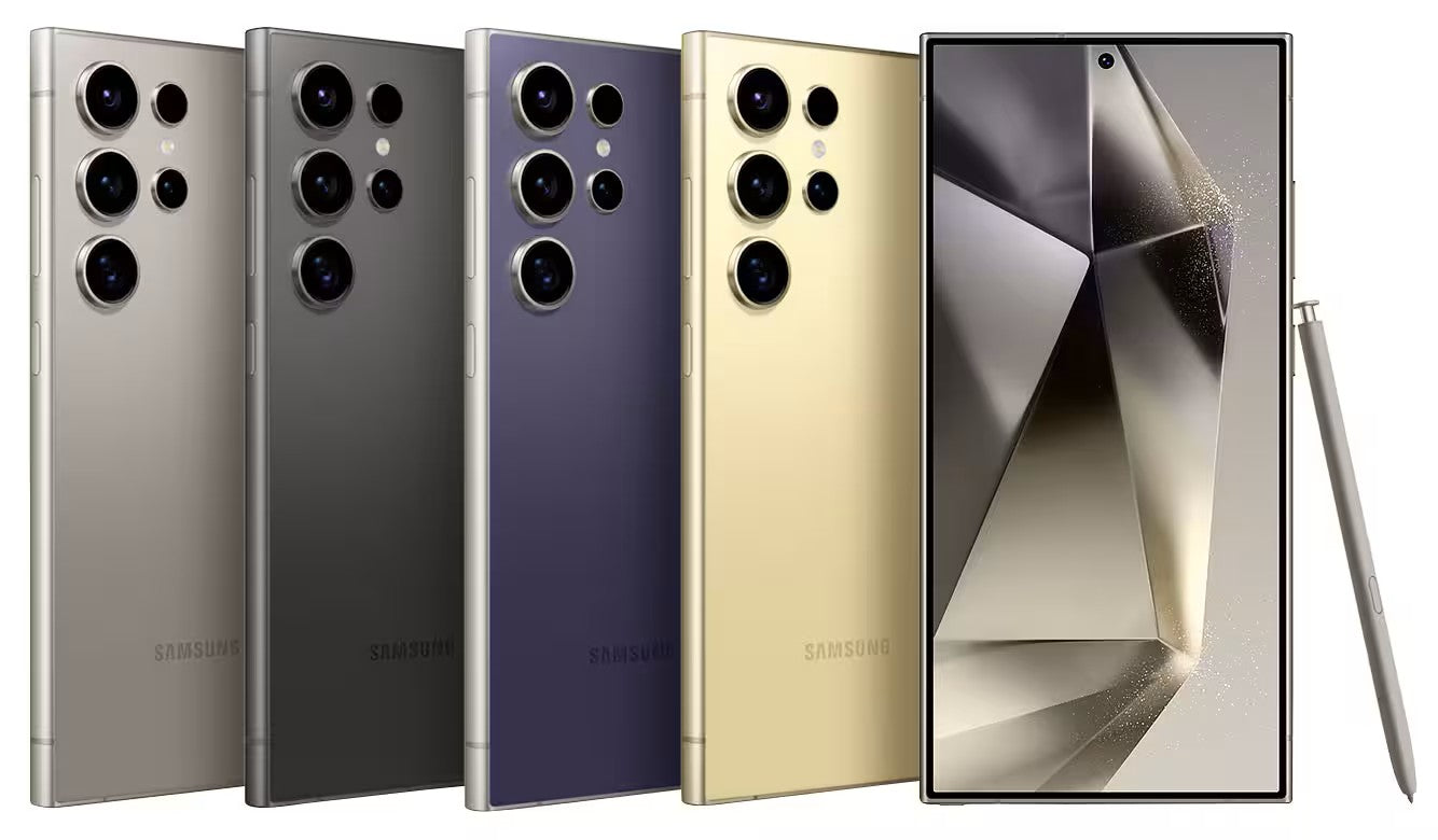 Samsung Galaxy S24 Ultra in four colours - Titanium Gray, Titanium Black, Titanium Violet, and Titanium Yellow