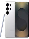 Samsung Galaxy S25 Ultra in Titanium Silver showing rear quad-camera system and front display with S Pen