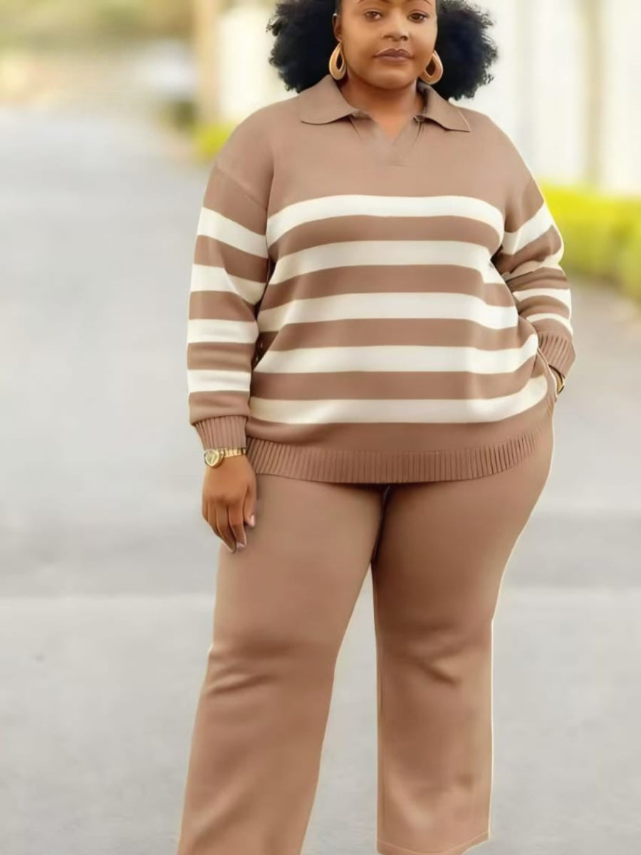 Plus Size Striped Polo Knit Co-ord Set