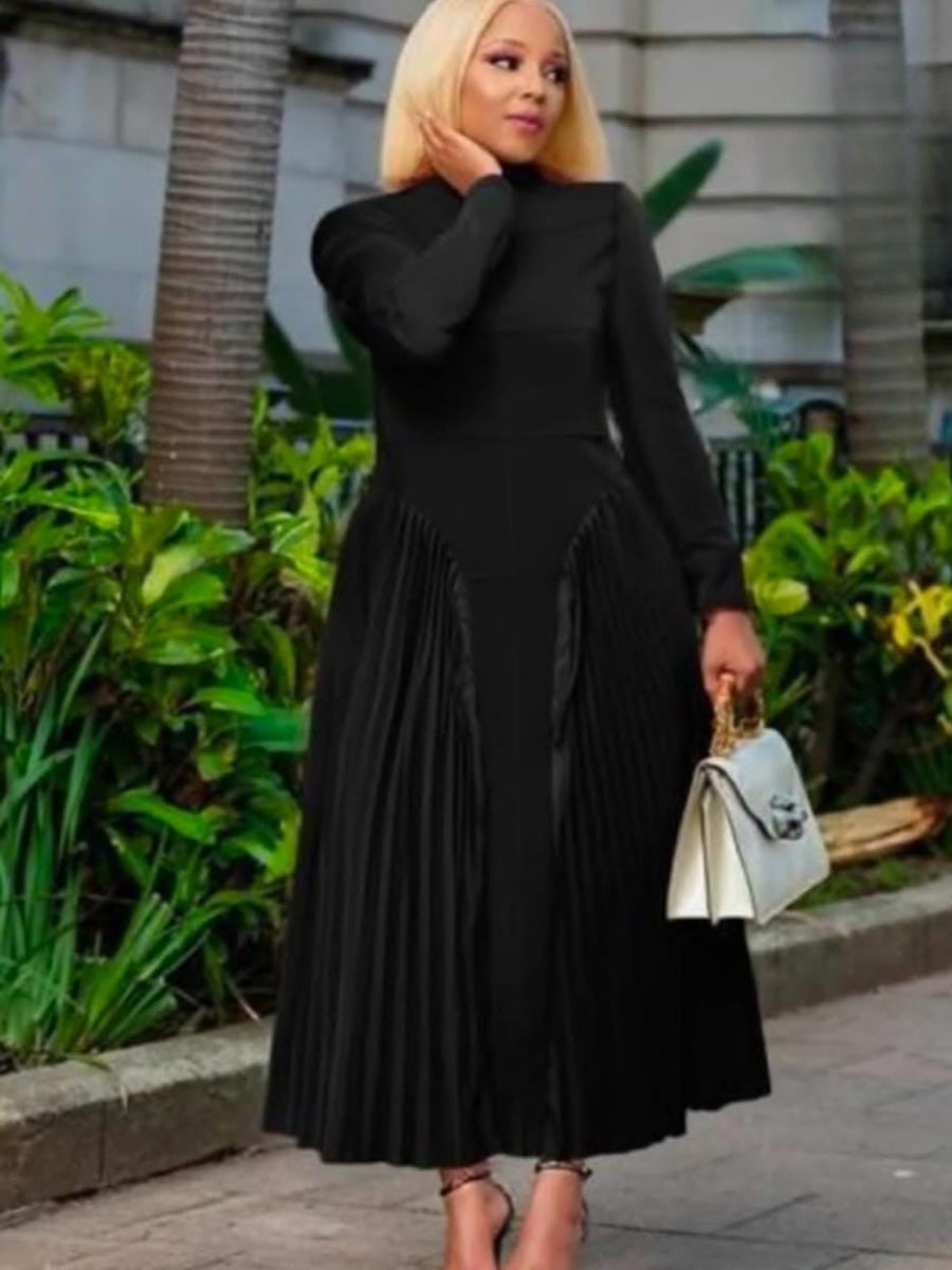 Pleated Midi Dress with Mock Neck