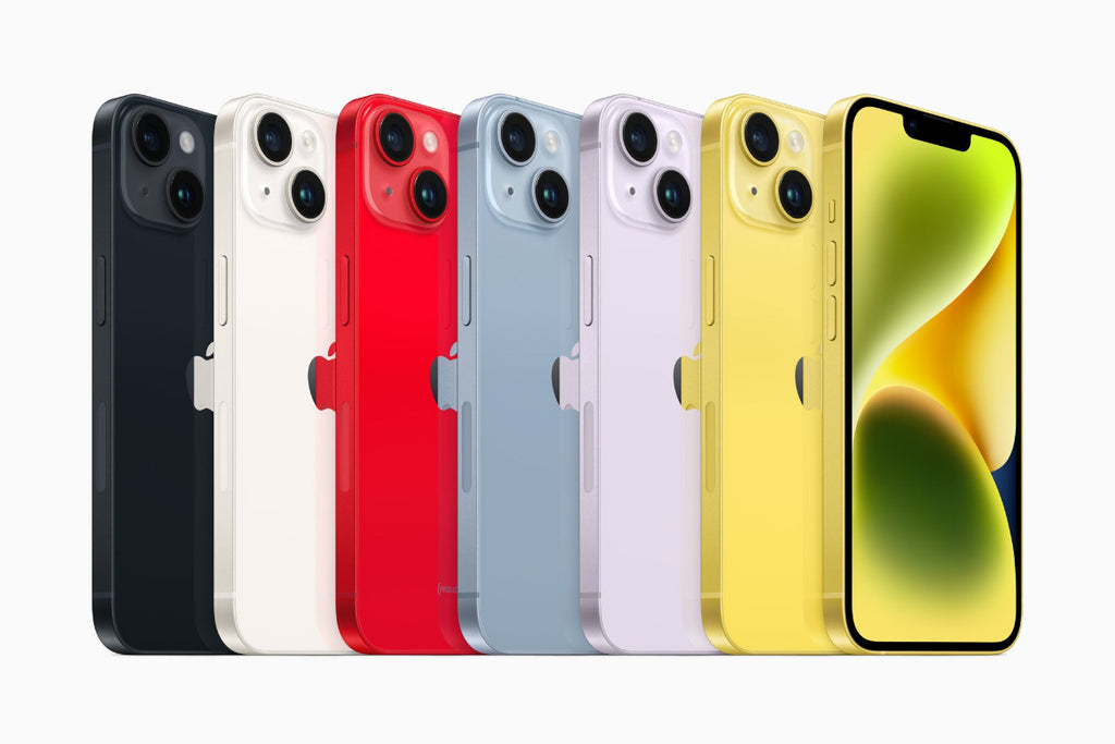 Apple iPhone 14 in all colours - Midnight, Starlight, Red, Blue, Purple, Yellow