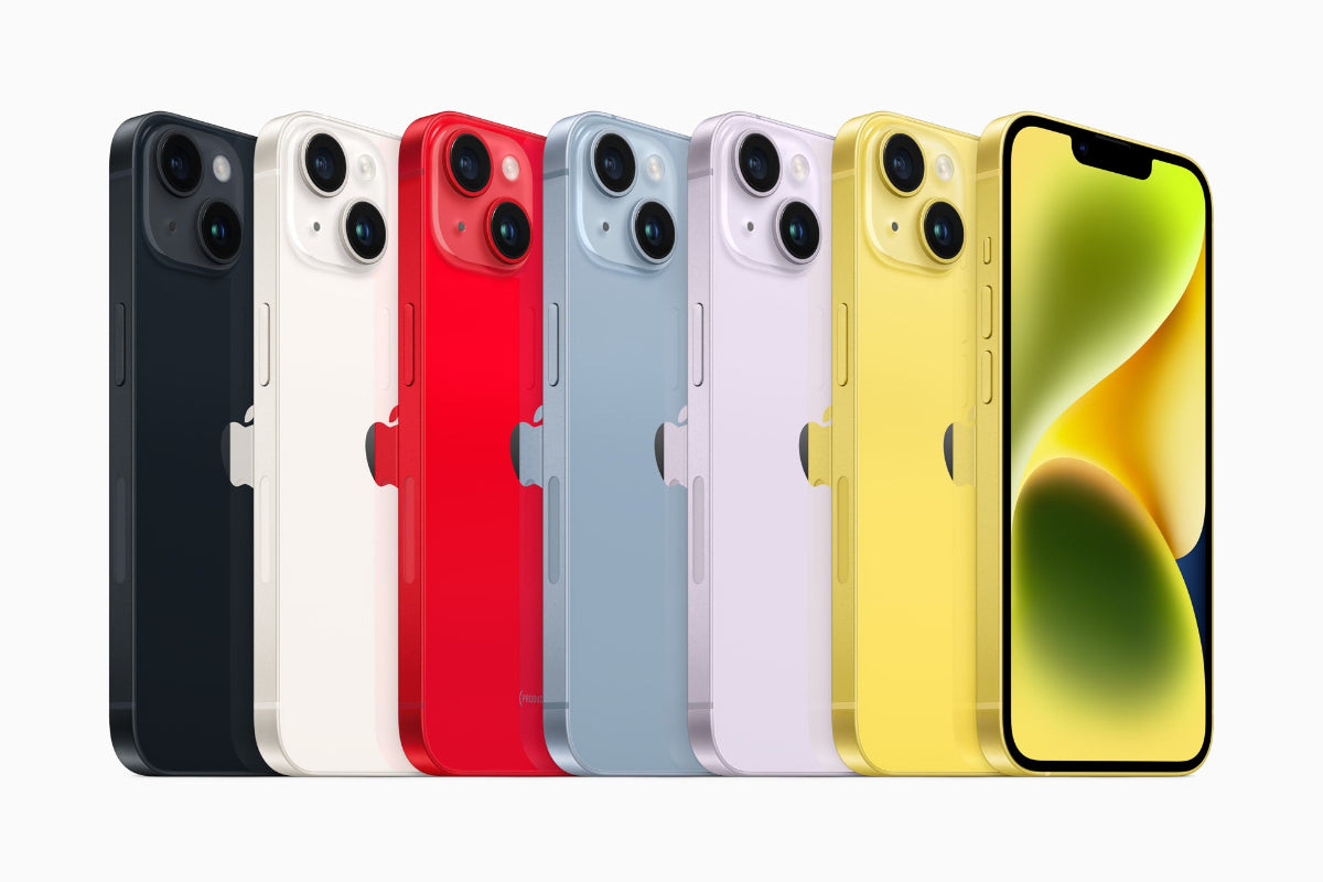 Apple iPhone 14 in all colours - Midnight, Starlight, Red, Blue, Purple, Yellow