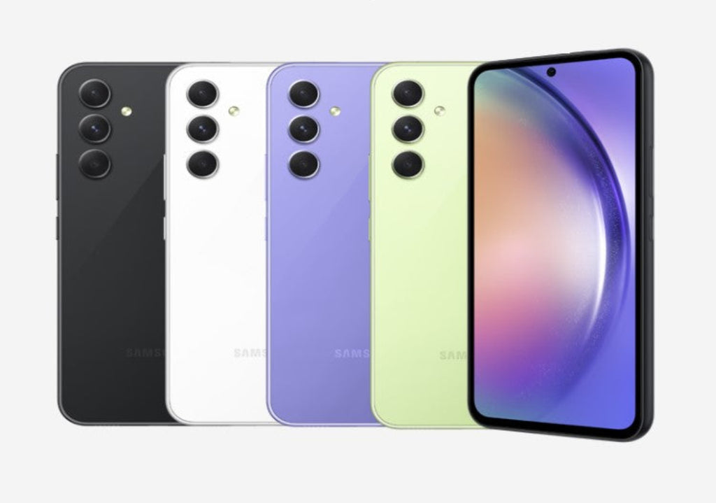Samsung Galaxy A54 5G in all four colours - Graphite, White, Violet, and Lime