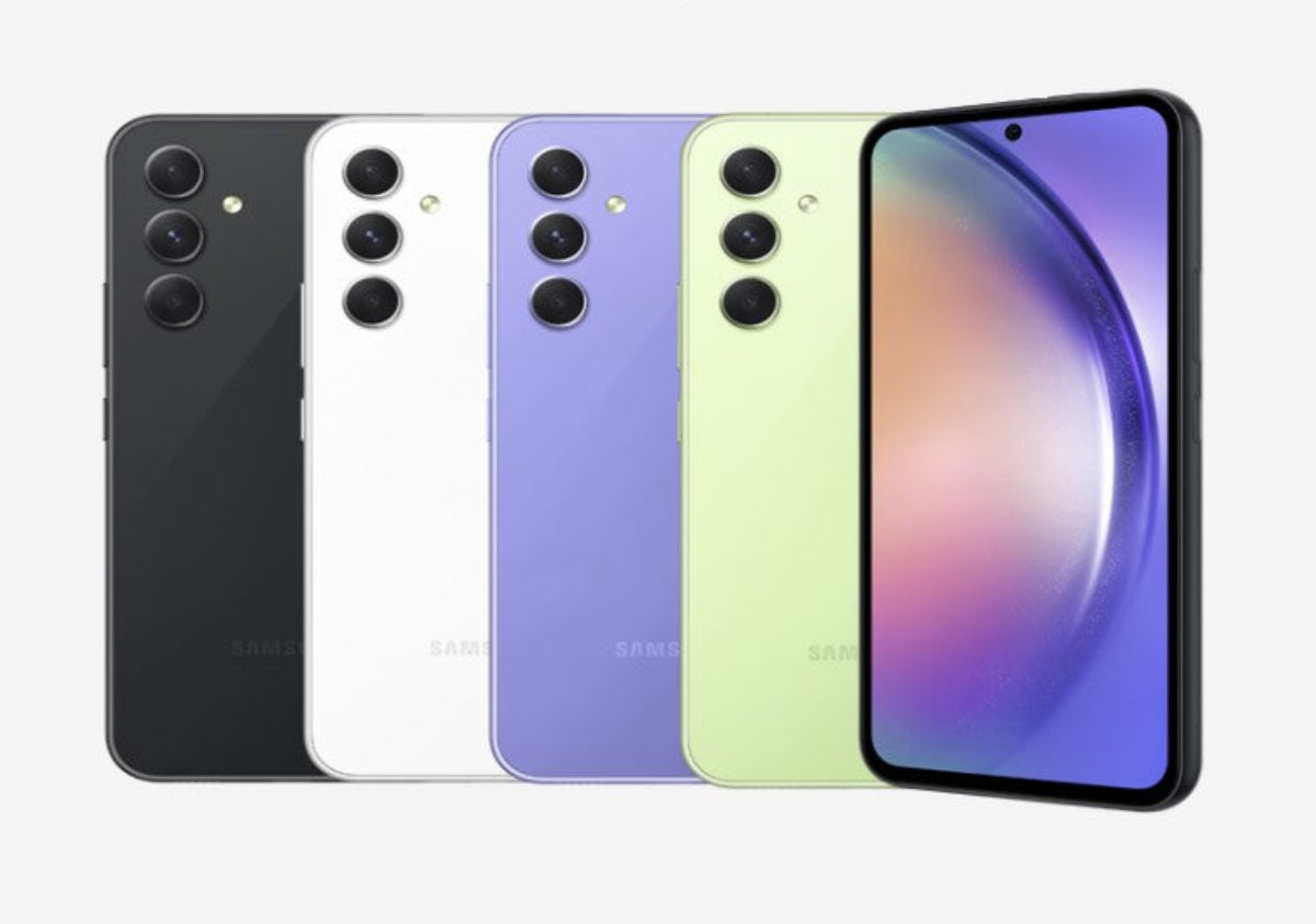 Samsung Galaxy A54 5G in all four colours - Graphite, White, Violet, and Lime