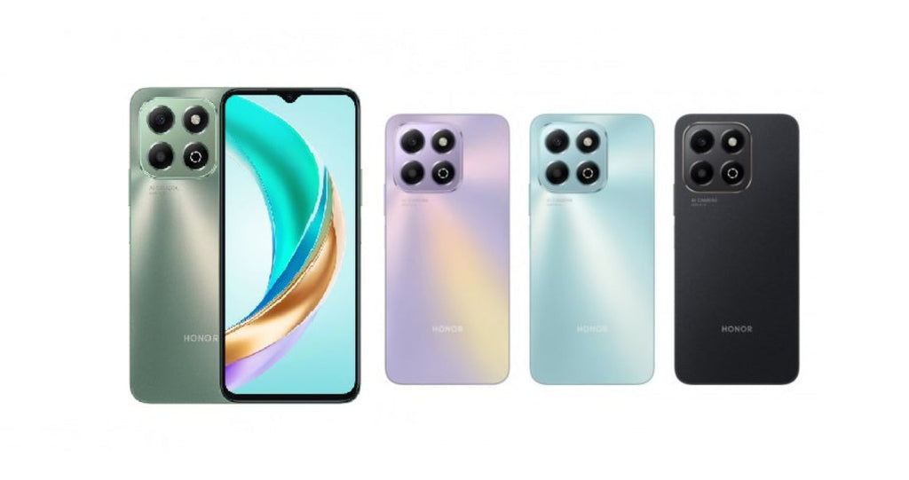 Honor X6b smartphone shown in four colours: Emerald Green, Lilac Purple, Titanium Silver, and Midnight Black