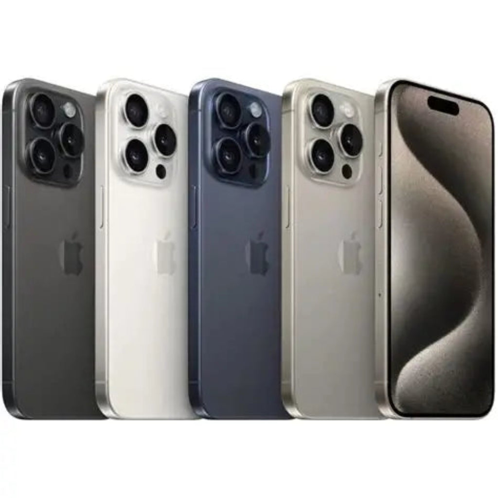 Apple iPhone 15 Pro Max in all four titanium colour options - Black, White, Blue, and Natural Titanium