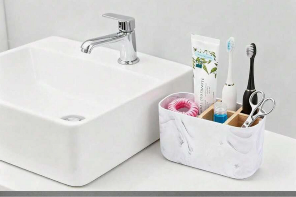 Marble Bathroom Organizer with Bamboo Toothbrush Holder