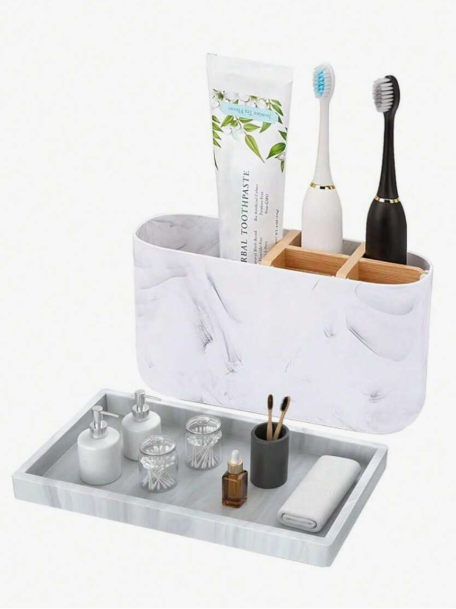 Marble Bathroom Organizer with Bamboo Toothbrush Holder