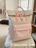 Roll-Top Canvas Backpack – Beige & Pink