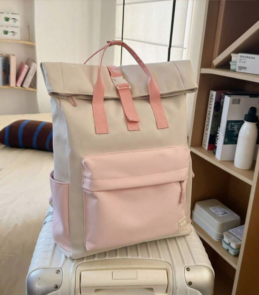 Roll-Top Canvas Backpack – Beige & Pink