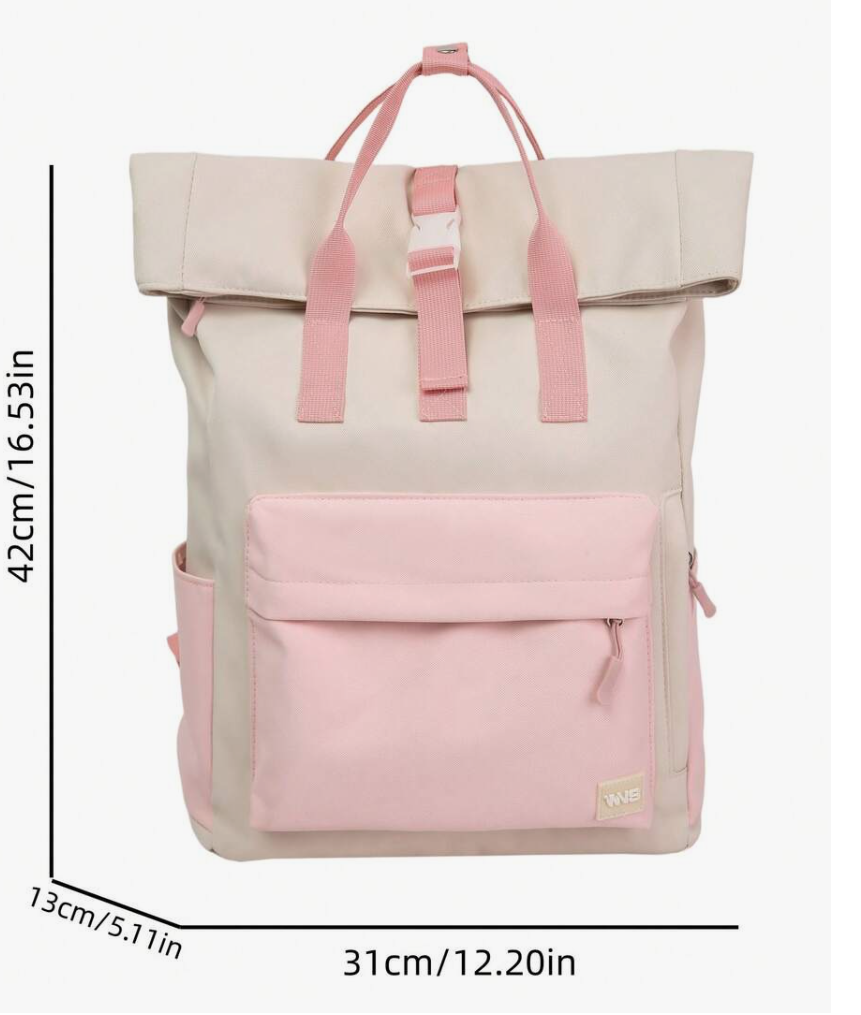 Roll-Top Canvas Backpack – Beige & Pink