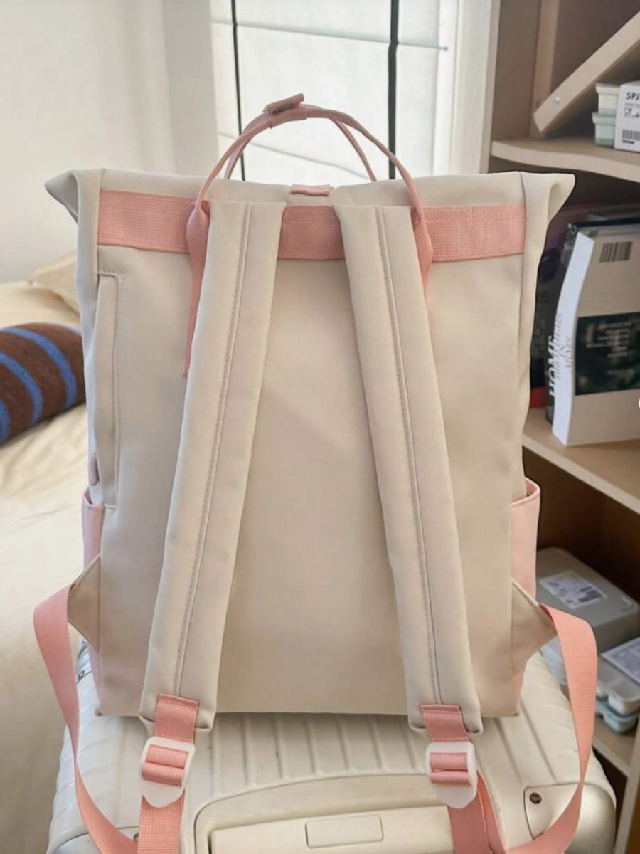Roll-Top Canvas Backpack – Beige & Pink