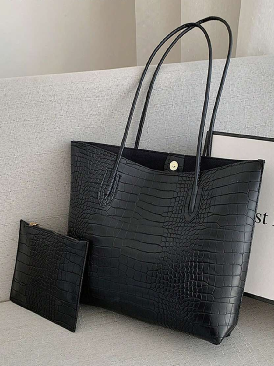 Croc-Embossed Tote Bag with Pouch