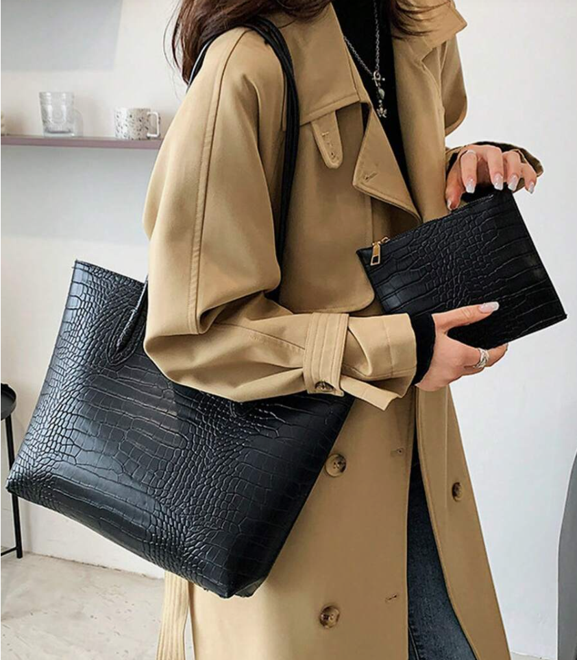 Croc-Embossed Tote Bag with Pouch