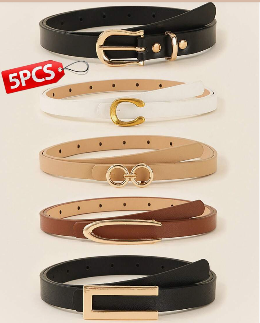 5PCS Women's Skinny Belt Set with Gold Buckles