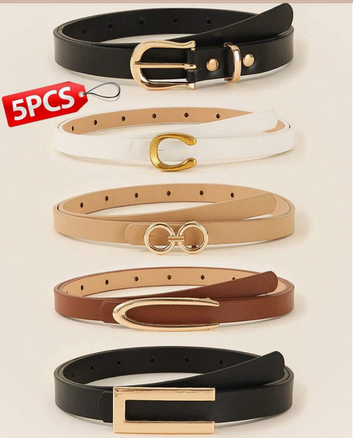 5PCS Women's Skinny Belt Set with Gold Buckles