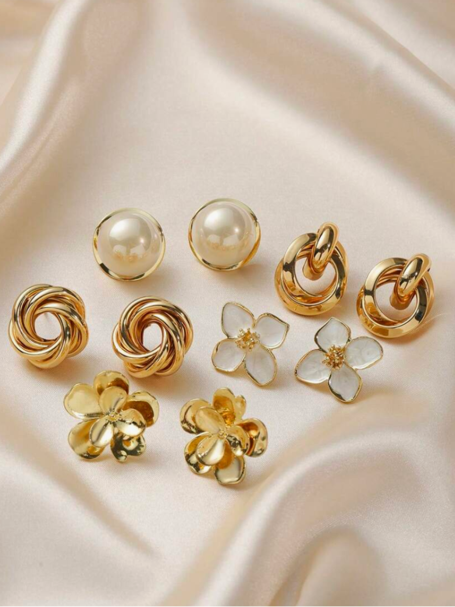 5-Pair Gold Stud Earrings Set