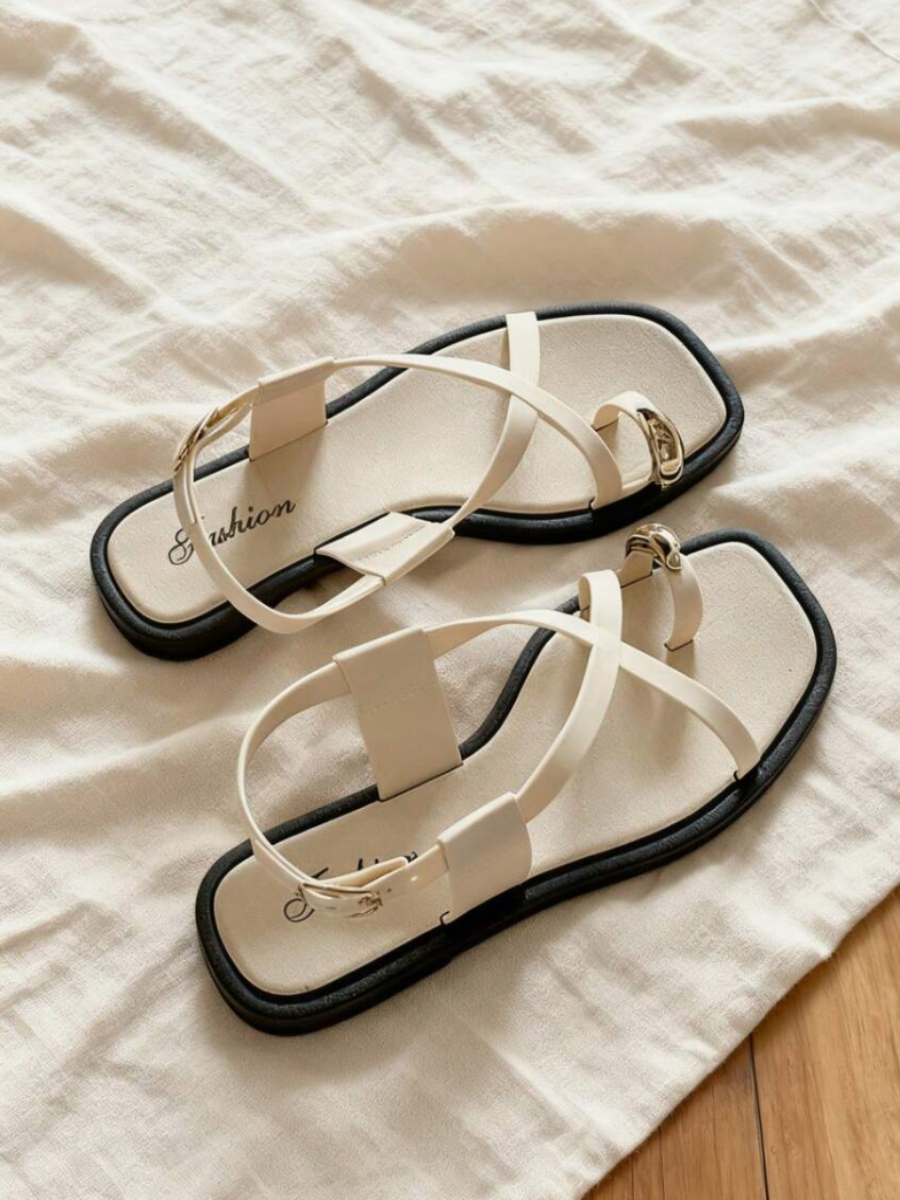 Cross-Strap Flat Sandals with Gold Hardware