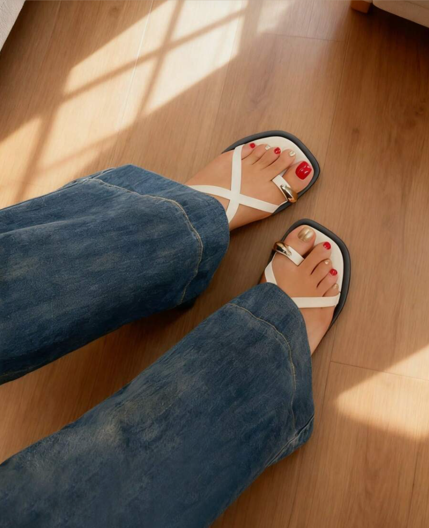 Cross-Strap Flat Sandals with Gold Hardware