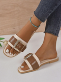 Tengboxy Women's Buckle Slide Sandals – Cream & Brown