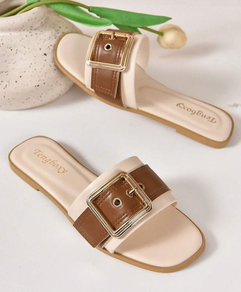 Tengboxy Women's Buckle Slide Sandals – Cream & Brown