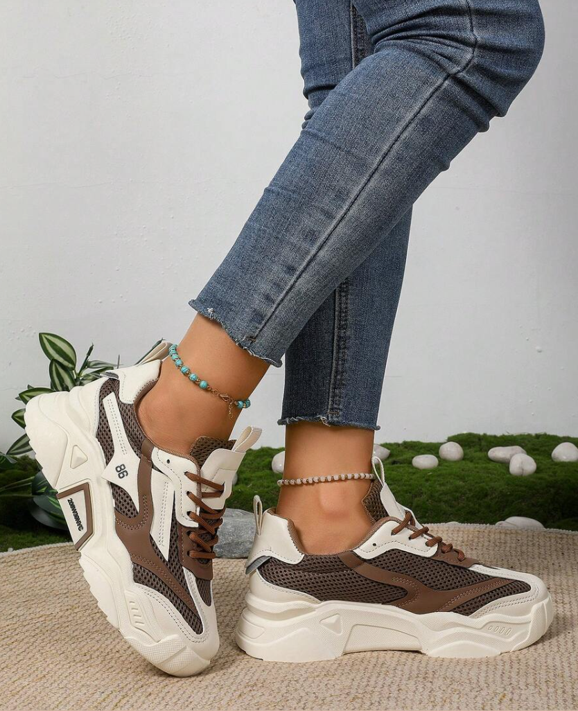 Women's Chunky Sneakers – Brown & White