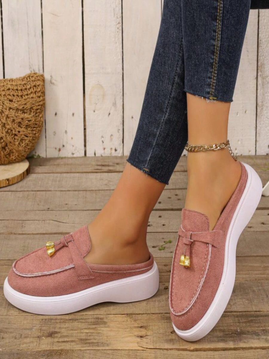 Women's Platform Loafer Mules – Gold Tassel Slip-On Flats