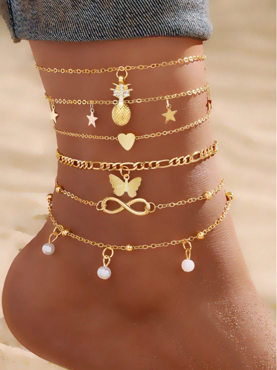 Gold Charm Anklet Set – 5 Pieces
