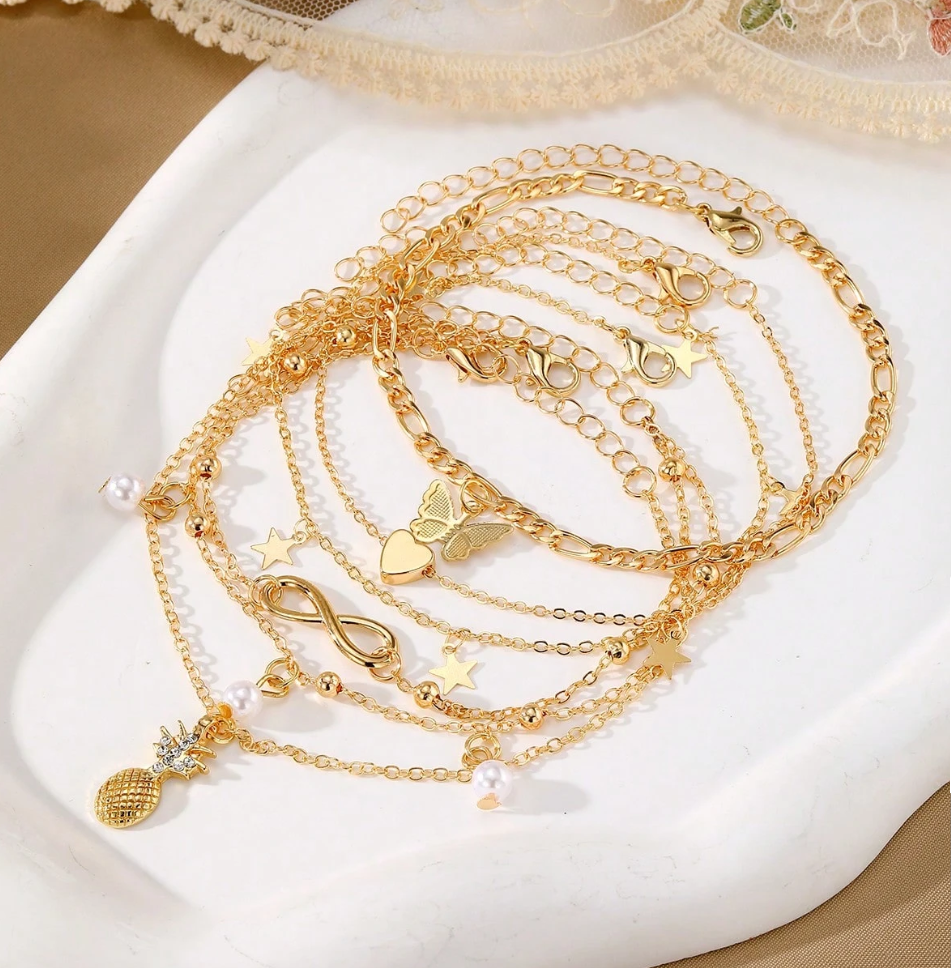 Gold Charm Anklet Set – 5 Pieces