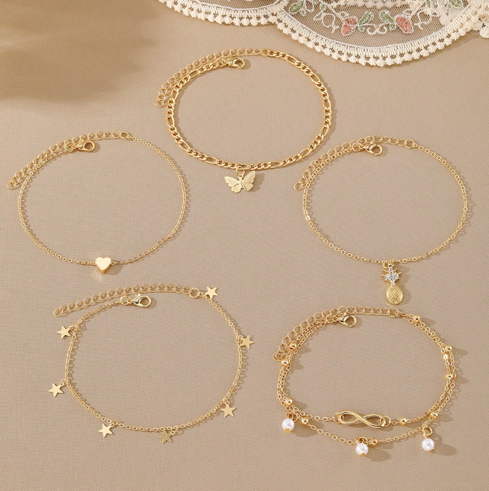 Gold Charm Anklet Set – 5 Pieces