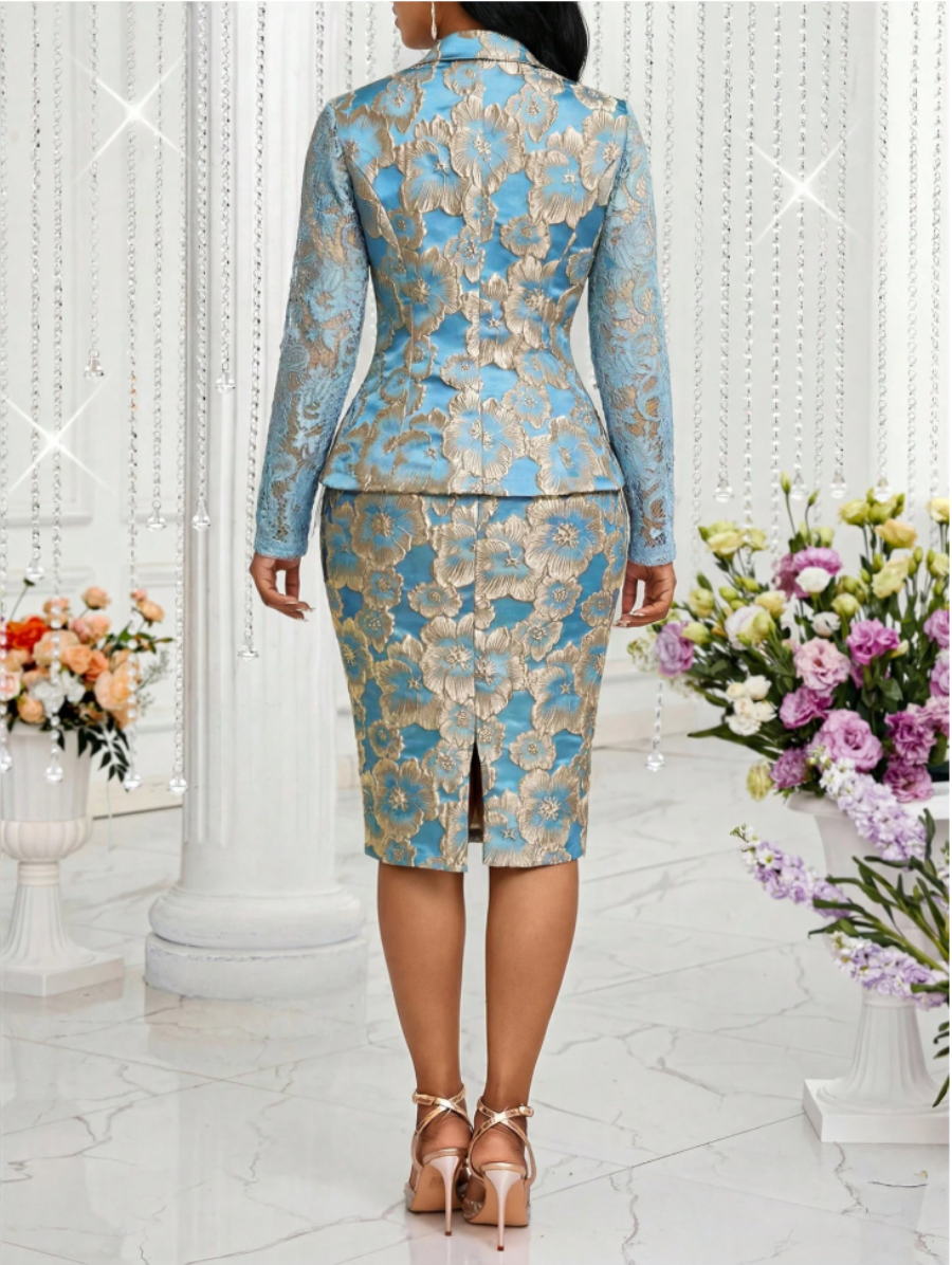Blue & Gold Floral Jacquard Skirt Suit