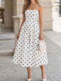 White Polka Dot Strapless Midi Dress