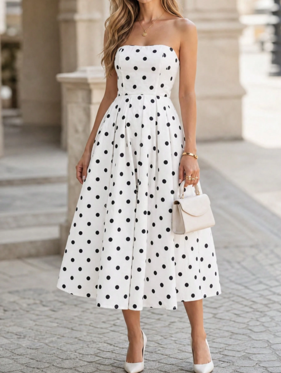 White Polka Dot Strapless Midi Dress