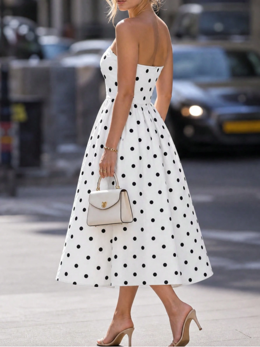 White Polka Dot Strapless Midi Dress