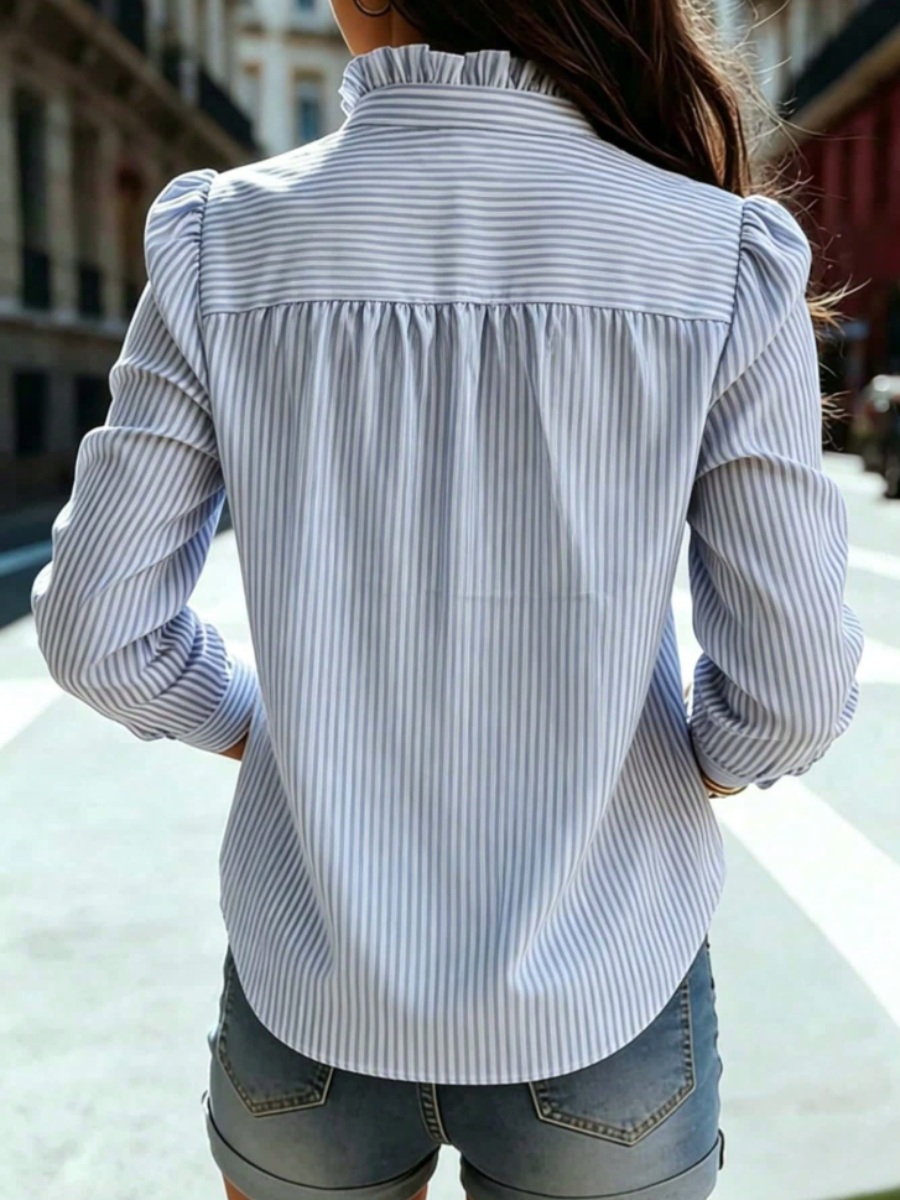 Ruffle Trim Striped Button-Up Blouse