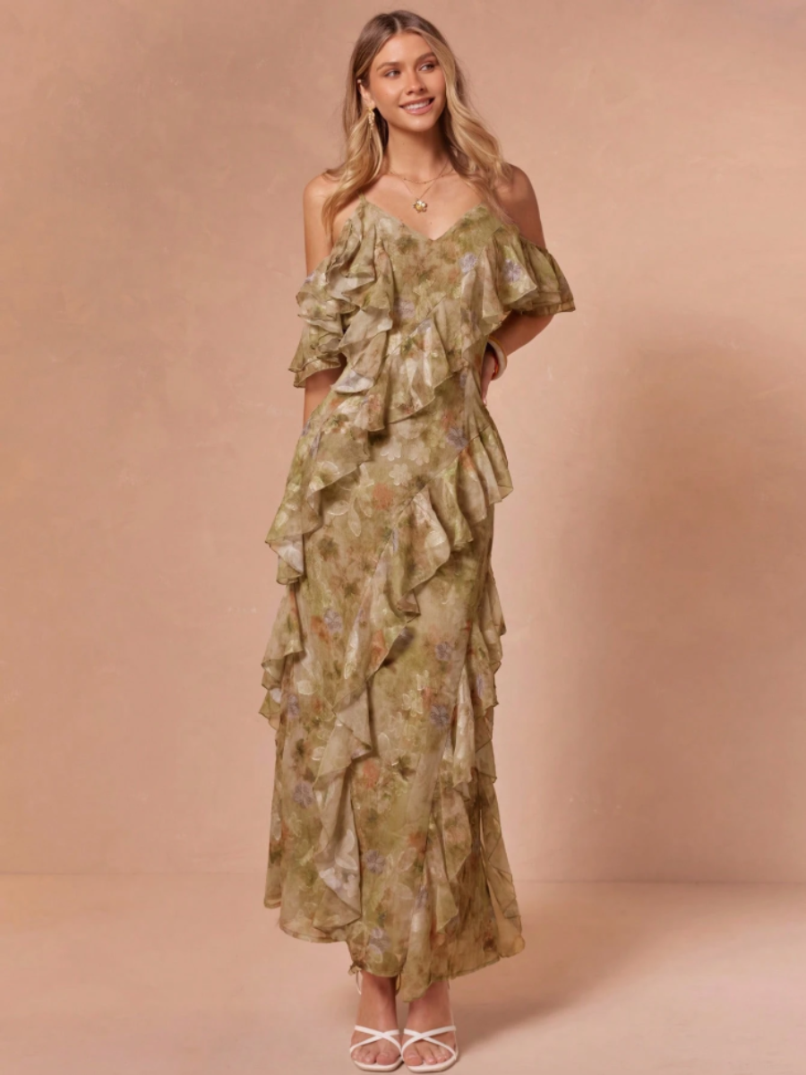 Olive Floral Ruffle Cold-Shoulder Maxi Dress