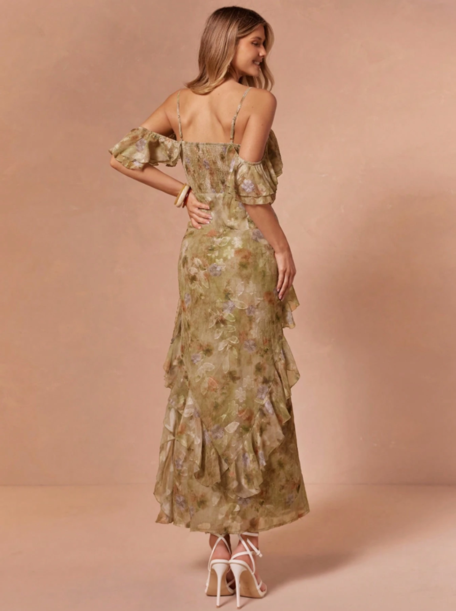 Olive Floral Ruffle Cold-Shoulder Maxi Dress