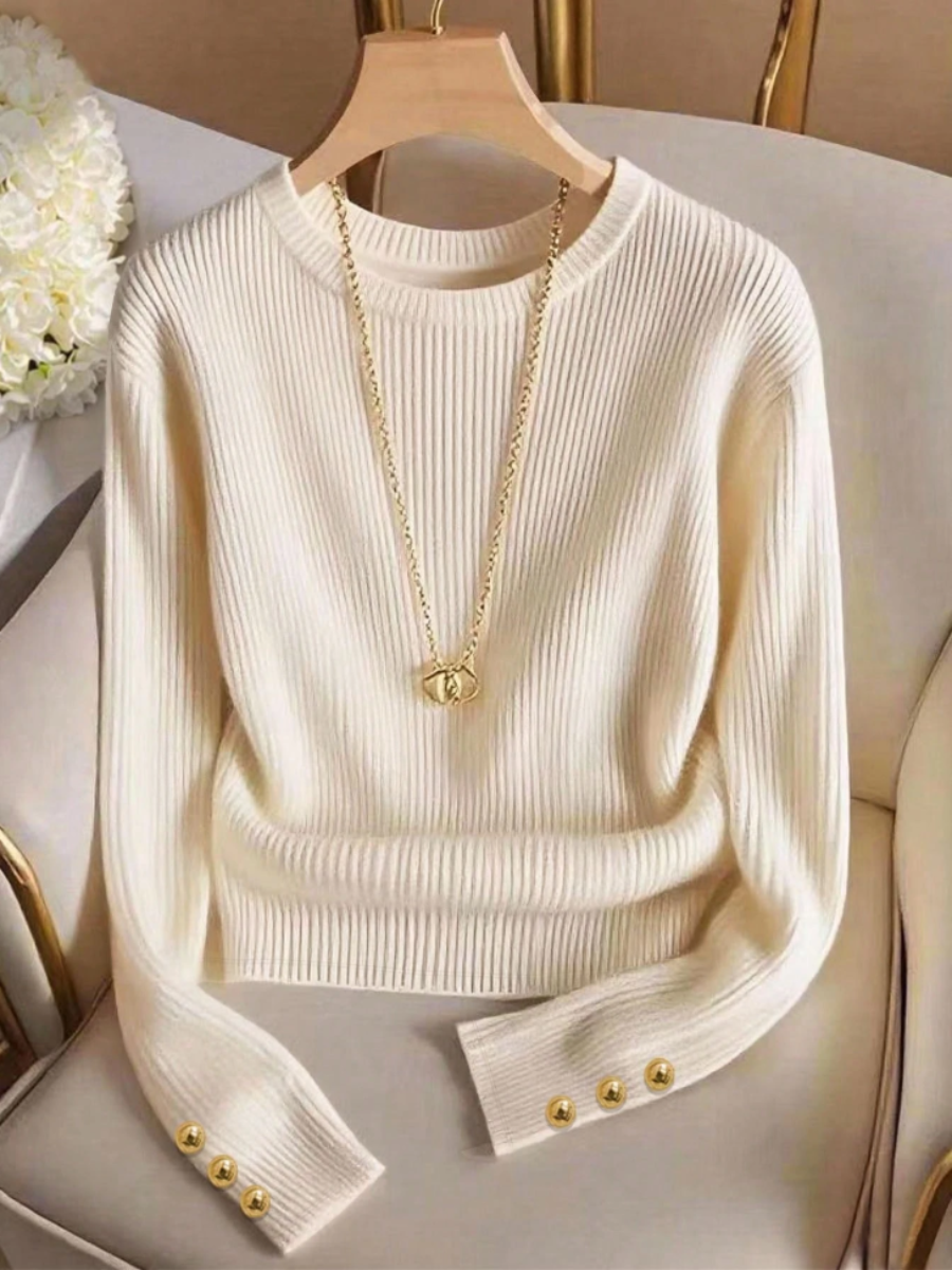 Women's Ribbed Knit Sweater with Gold Button Cuffs