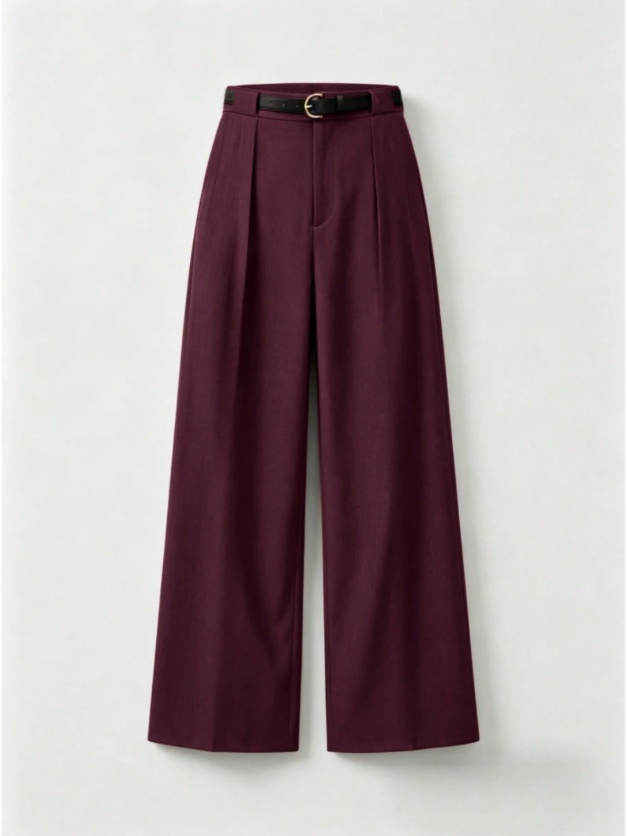 Wide-Leg Belted Trousers – Burgundy