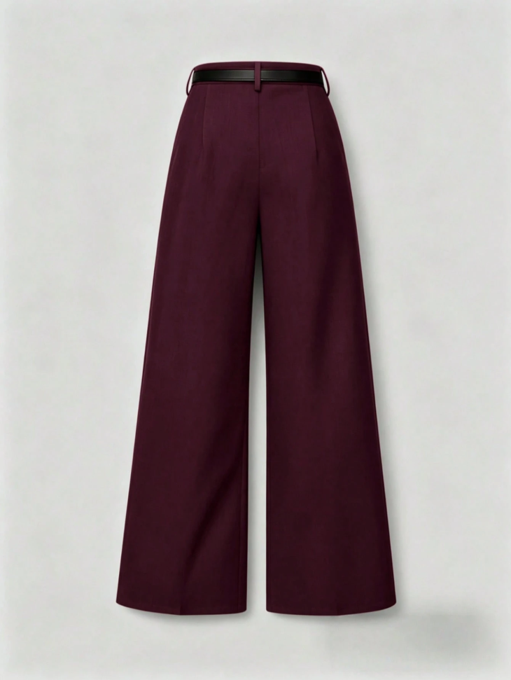 Wide-Leg Belted Trousers – Burgundy