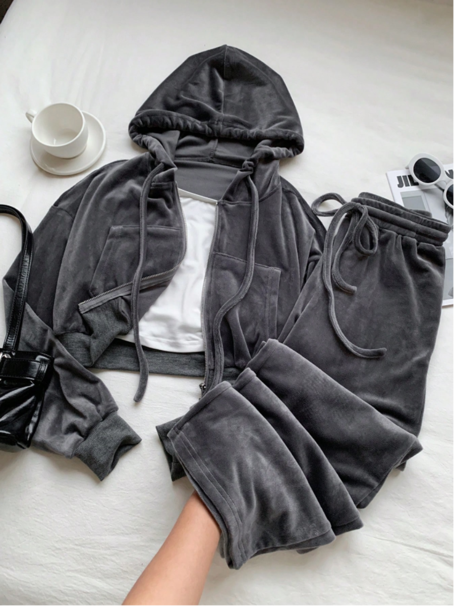 Velour Zip-Up Hoodie & Wide-Leg Pants Set