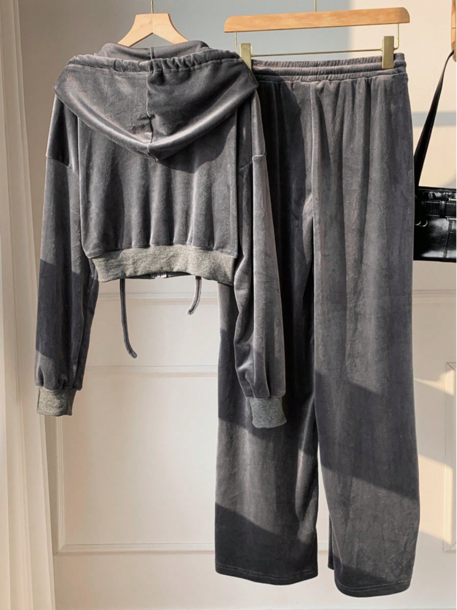 Velour Zip-Up Hoodie & Wide-Leg Pants Set