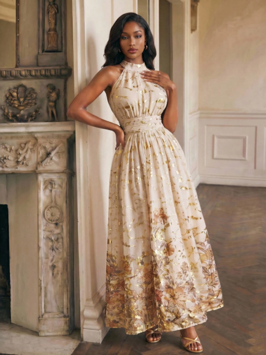 Gold Floral Halter Maxi Dress