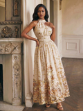 Gold Floral Halter Maxi Dress